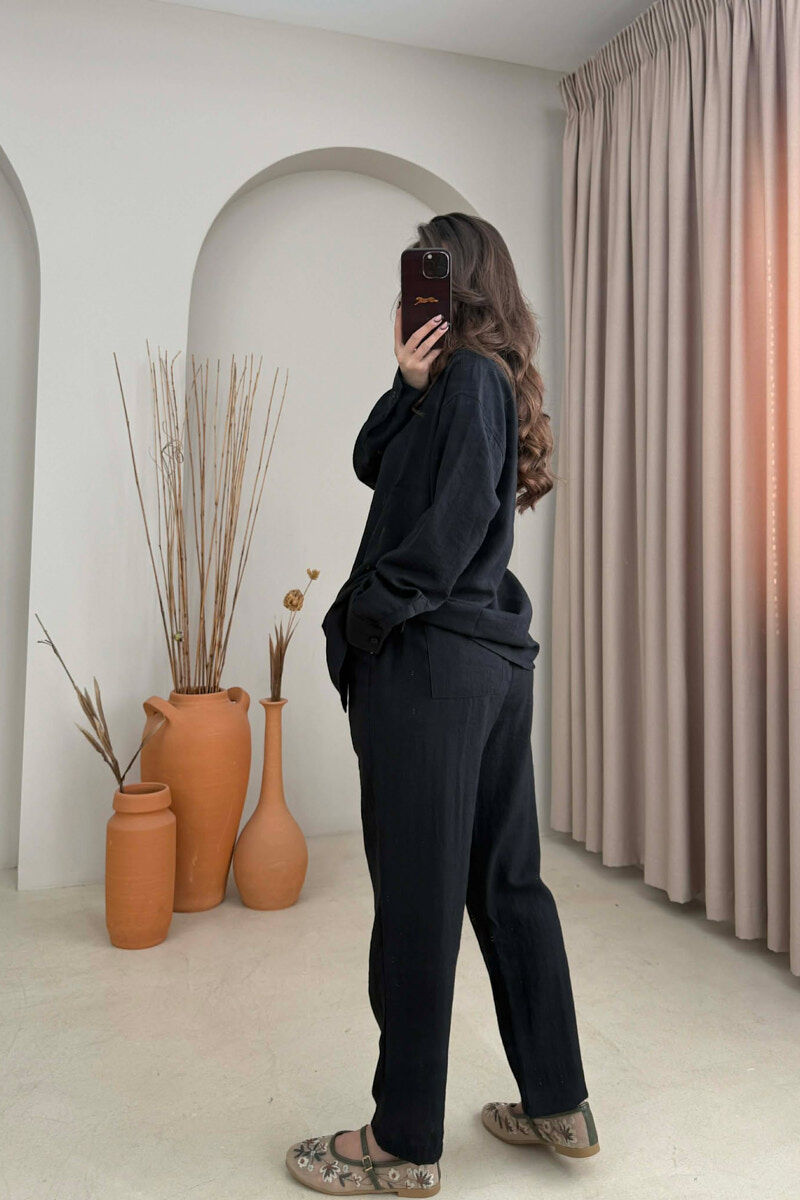 LONG SLEEVES SHIRT+TROUSERS SIMPLE WOMEN SET BLACK-BLACK/ZZ - 4