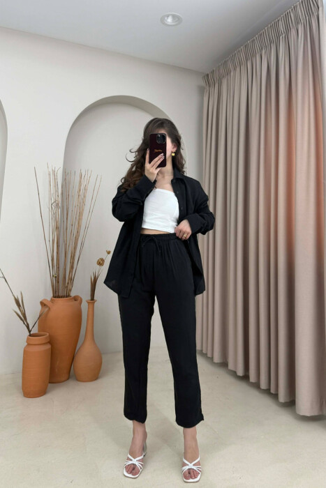 LONG SLEEVES SHIRT+TROUSERS SIMPLE WOMEN SET BLACK/ E ZEZE 