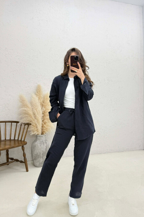 LONG SLEEVES SHIRT+TROUSERS SIMPLE WOMEN SET BLUE/BLU 