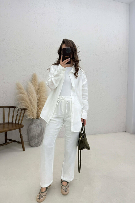 LONG SLEEVES SHIRT+TROUSERS SIMPLE WOMEN SET CREAM/KREM - 