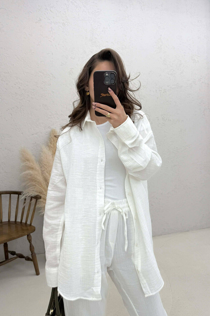 LONG SLEEVES SHIRT+TROUSERS SIMPLE WOMEN SET CREAM/KREM - 2