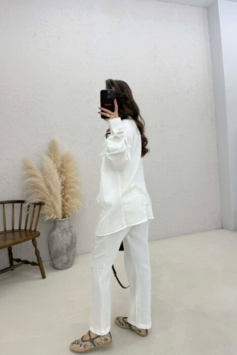 LONG SLEEVES SHIRT+TROUSERS SIMPLE WOMEN SET CREAM/KREM - 4