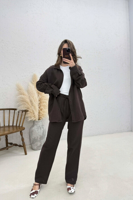 LONG SLEEVES SHIRT+TROUSERS SIMPLE WOMEN SET DARK BROWN/KAE 
