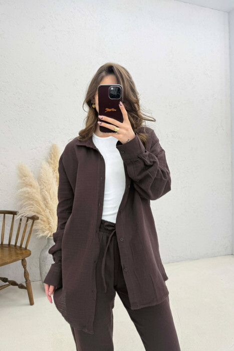 LONG SLEEVES SHIRT+TROUSERS SIMPLE WOMEN SET DARK BROWN/KAE - 2