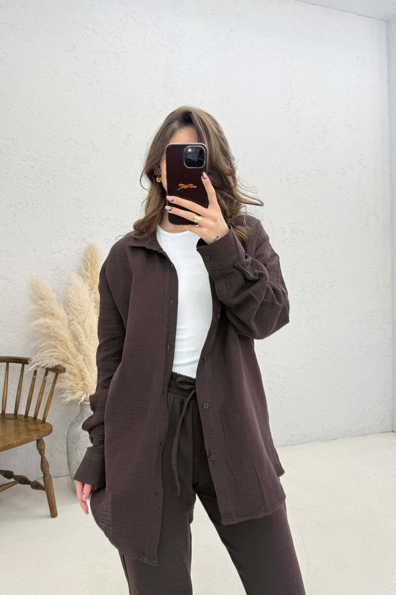 LONG SLEEVES SHIRT+TROUSERS SIMPLE WOMEN SET DARK BROWN/KAE - 2