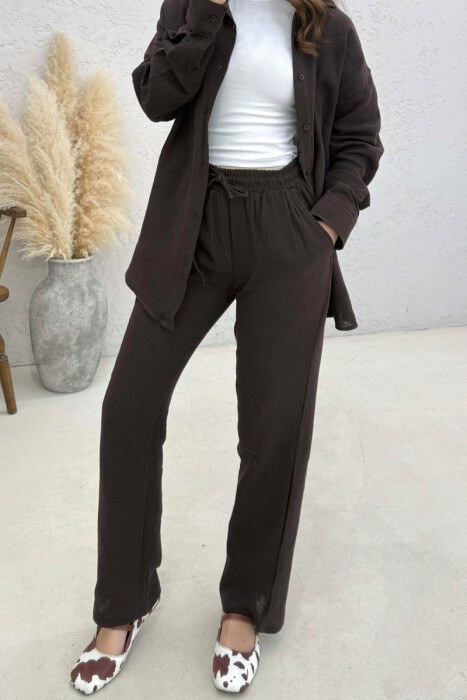 LONG SLEEVES SHIRT+TROUSERS SIMPLE WOMEN SET DARK BROWN/KAE - 3
