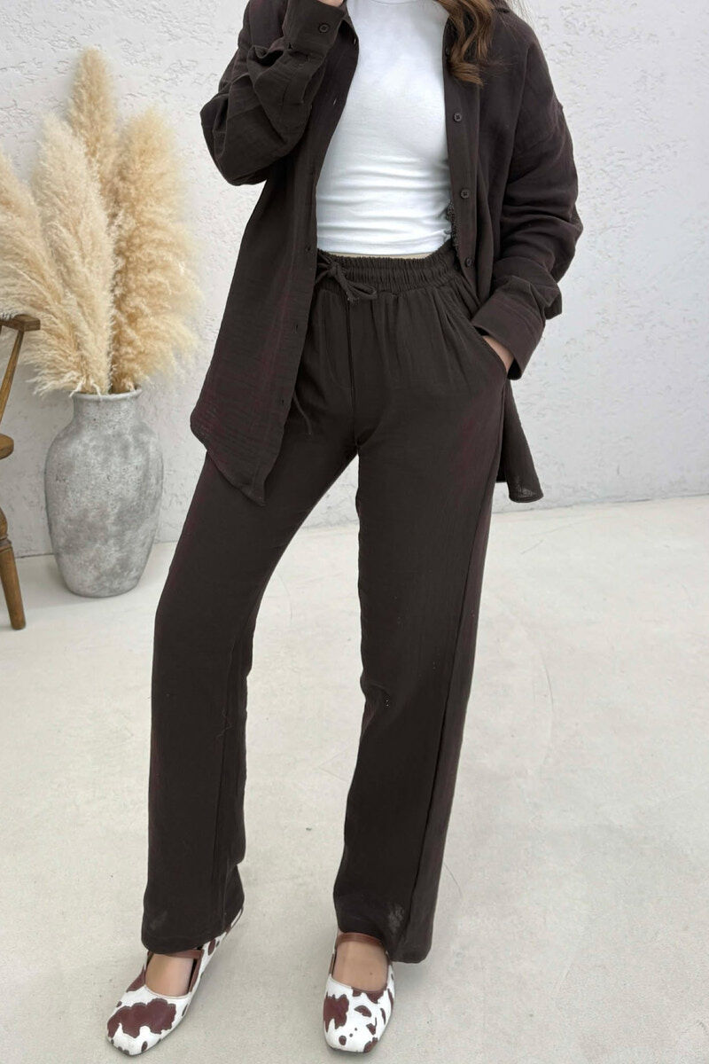 LONG SLEEVES SHIRT+TROUSERS SIMPLE WOMEN SET DARK BROWN/KAE - 3