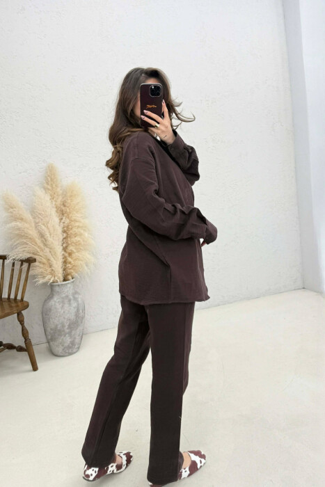 LONG SLEEVES SHIRT+TROUSERS SIMPLE WOMEN SET DARK BROWN/KAE - 4