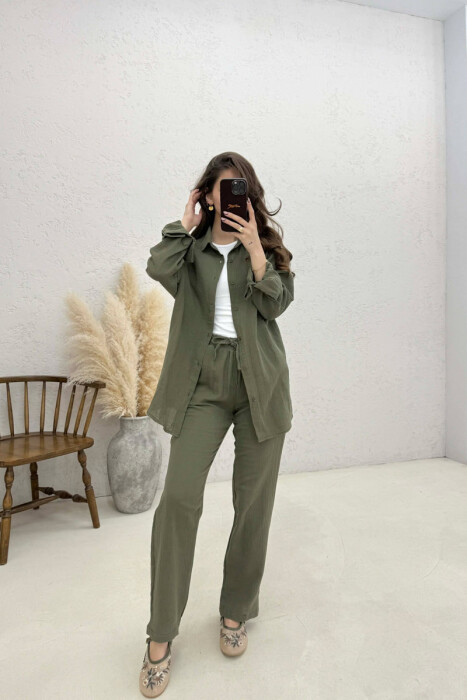 LONG SLEEVES SHIRT+TROUSERS SIMPLE WOMEN SET GREEN/JESHILE 