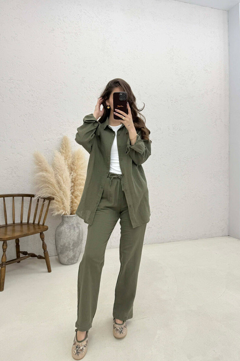 LONG SLEEVES SHIRT+TROUSERS SIMPLE WOMEN SET GREEN/JESHILE - 1