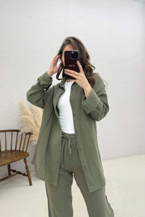LONG SLEEVES SHIRT+TROUSERS SIMPLE WOMEN SET GREEN/JESHILE - 2