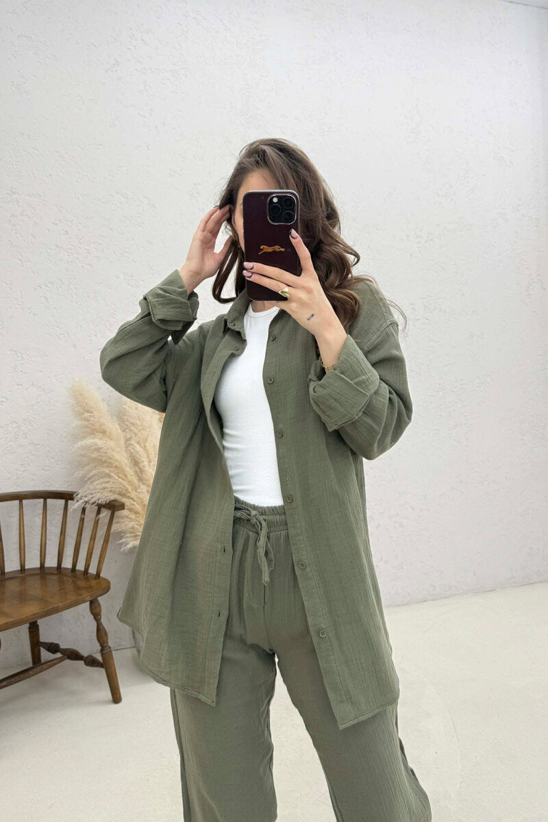 LONG SLEEVES SHIRT+TROUSERS SIMPLE WOMEN SET GREEN/JESHILE - 2