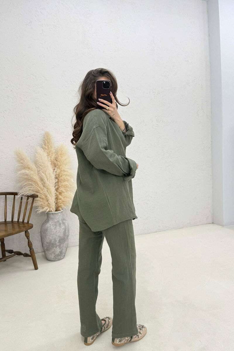 LONG SLEEVES SHIRT+TROUSERS SIMPLE WOMEN SET GREEN/JESHILE - 4