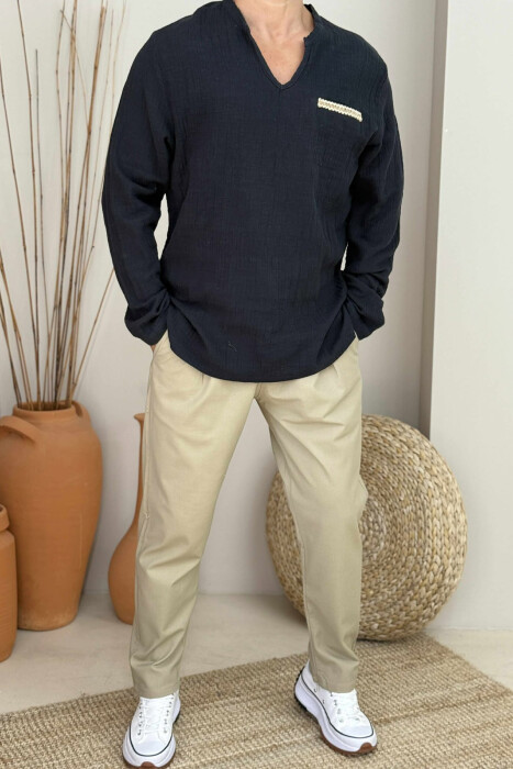 LONG SLEEVES SINGLE POCKET DETAIL MEN SHIRT BLACK/ E ZEZE 