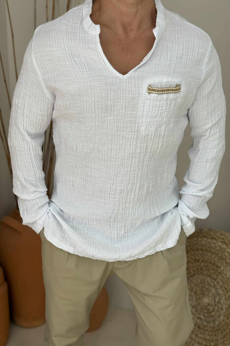 LONG SLEEVES SINGLE POCKET DETAIL MEN SHIRT WHITE-E BARDHE - 2