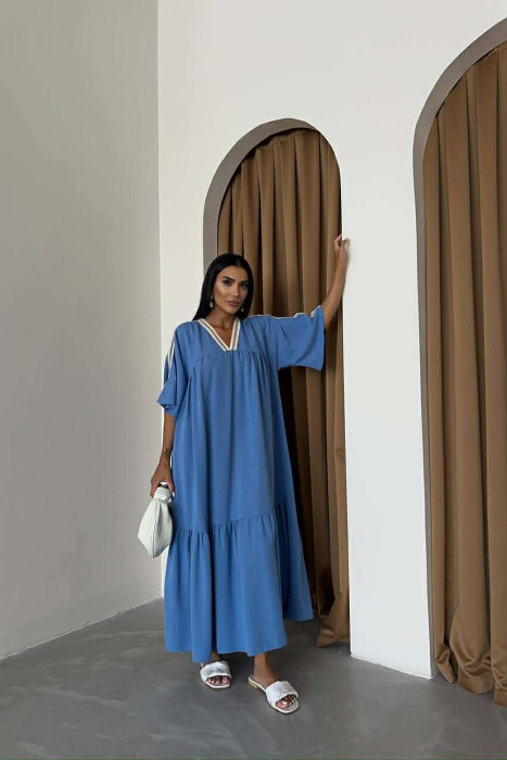 LONG V-NECK SHORT SLEEVE WOMAN DRESS BLUE/BLU - 1