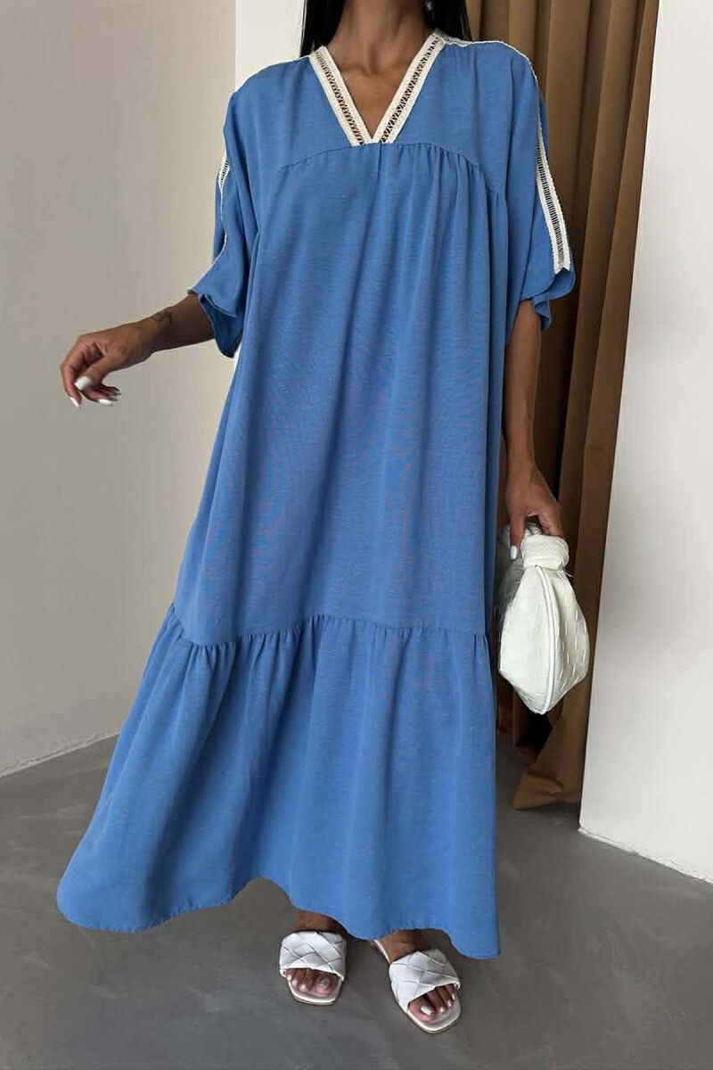 LONG V-NECK SHORT SLEEVE WOMAN DRESS BLUE/BLU - 2