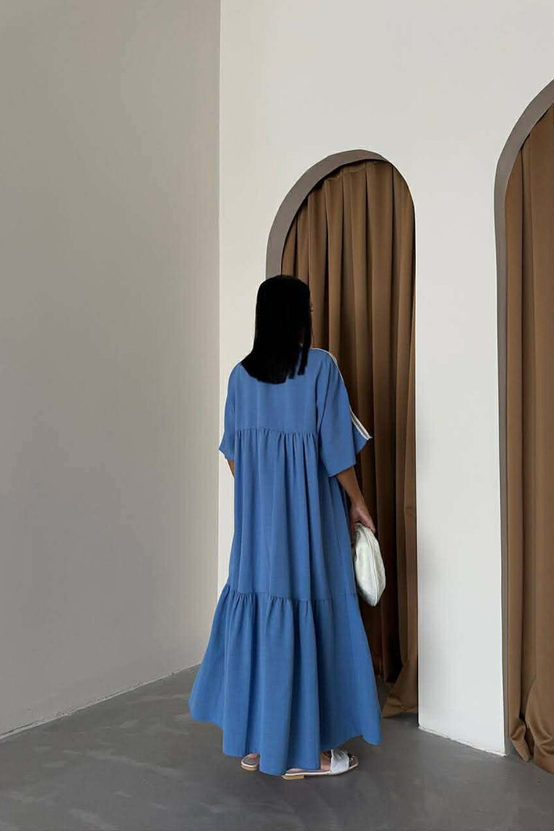 LONG V-NECK SHORT SLEEVE WOMAN DRESS BLUE/BLU - 3