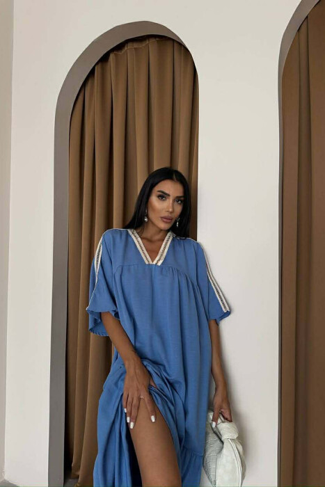 LONG V-NECK SHORT SLEEVE WOMAN DRESS BLUE/BLU - 4