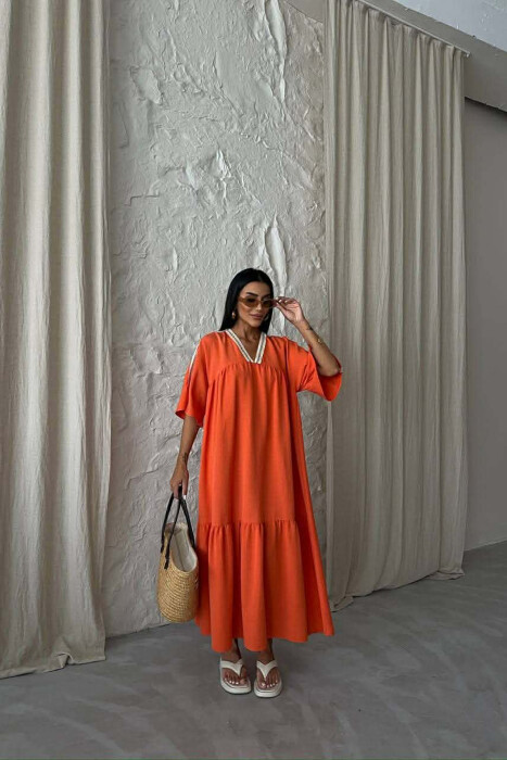 LONG V-NECK SHORT SLEEVE WOMAN DRESS ORANGE/PORTOKALLI 