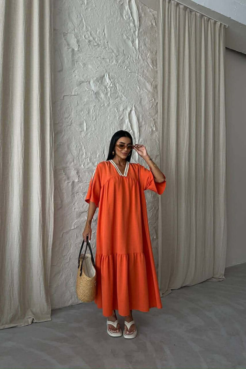LONG V-NECK SHORT SLEEVE WOMAN DRESS ORANGE/PORTOKALLI - 1