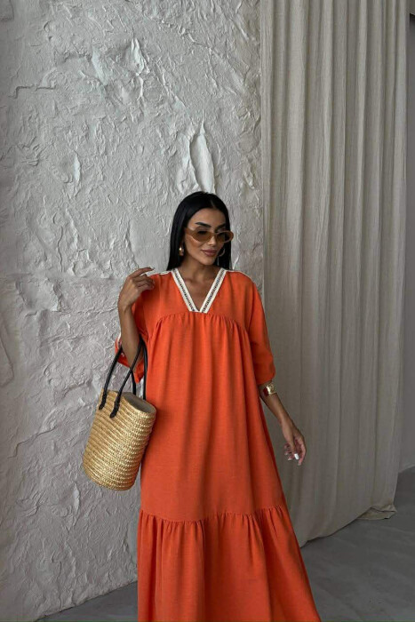LONG V-NECK SHORT SLEEVE WOMAN DRESS ORANGE/PORTOKALLI - 2