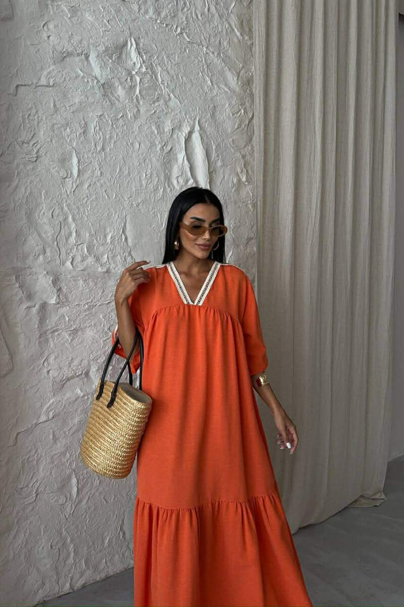 LONG V-NECK SHORT SLEEVE WOMAN DRESS ORANGE/PORTOKALLI - 2