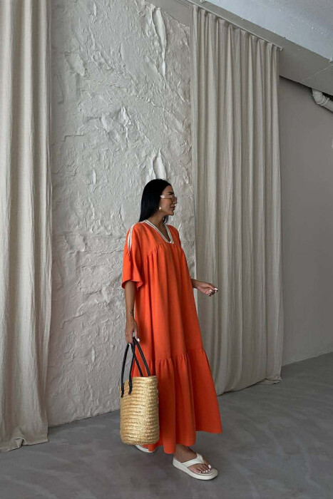 LONG V-NECK SHORT SLEEVE WOMAN DRESS ORANGE/PORTOKALLI - 3
