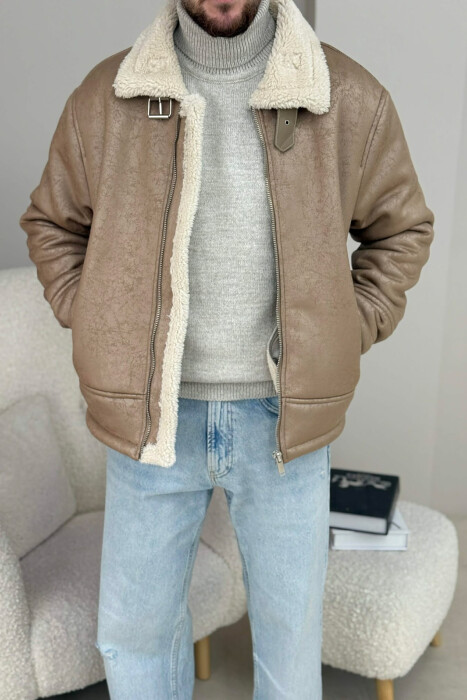 NECK AND BOTTOM BELTED FLUFFY MEN PUFFER JACKET BEIGE/BEZHE - 1