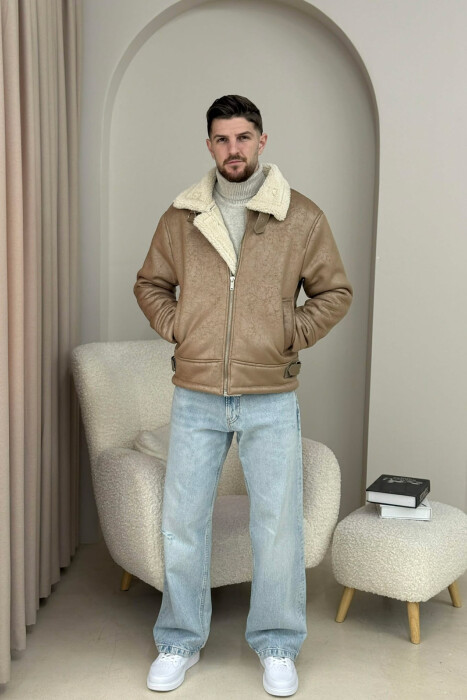 NECK AND BOTTOM BELTED FLUFFY MEN PUFFER JACKET BEIGE/BEZHE - 5