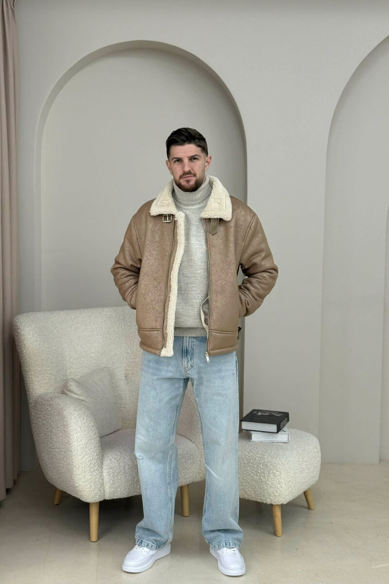 NECK AND BOTTOM BELTED FLUFFY MEN PUFFER JACKET BEIGE/BEZHE - 6