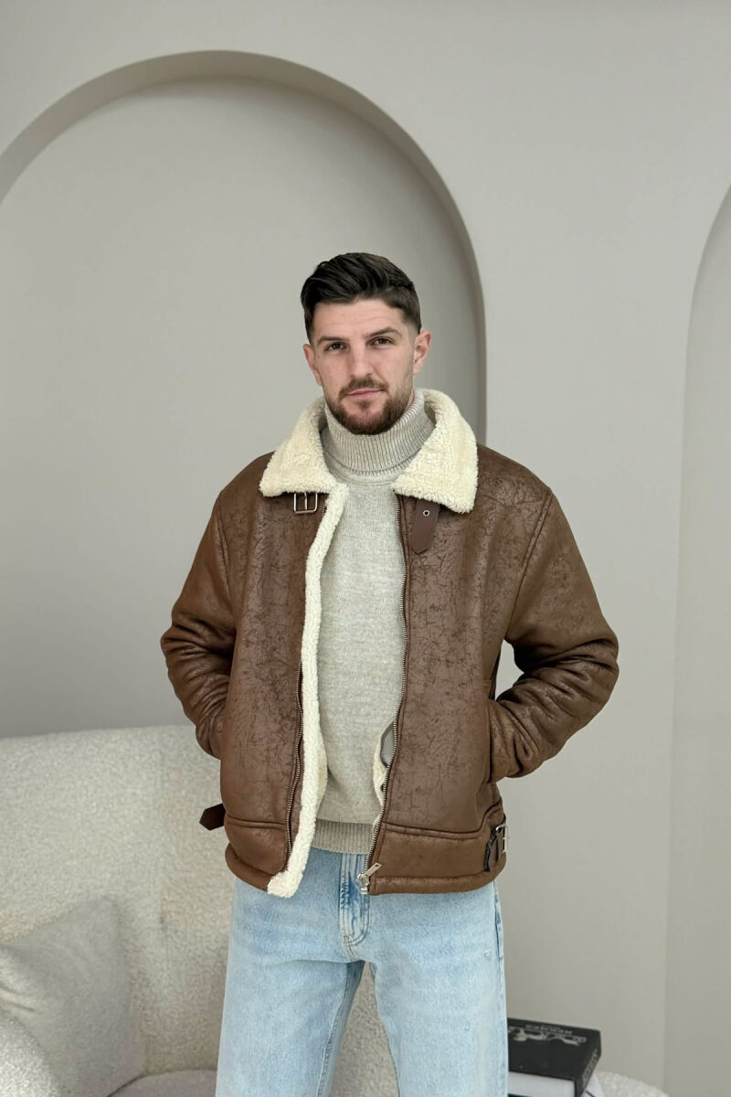 NECK AND BOTTOM BELTED FLUFFY MEN PUFFER JACKET BROWN/KAFE - 2