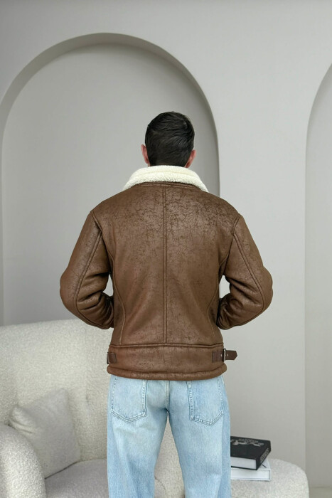 NECK AND BOTTOM BELTED FLUFFY MEN PUFFER JACKET BROWN/KAFE - 4