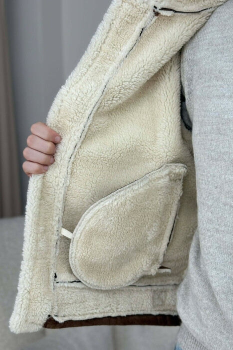 NECK AND BOTTOM BELTED FLUFFY MEN PUFFER JACKET BROWN/KAFE - 3