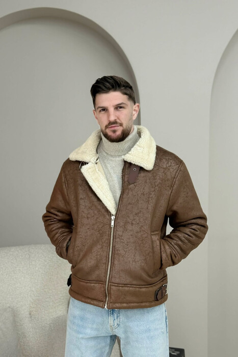 NECK AND BOTTOM BELTED FLUFFY MEN PUFFER JACKET BROWN/KAFE - 5