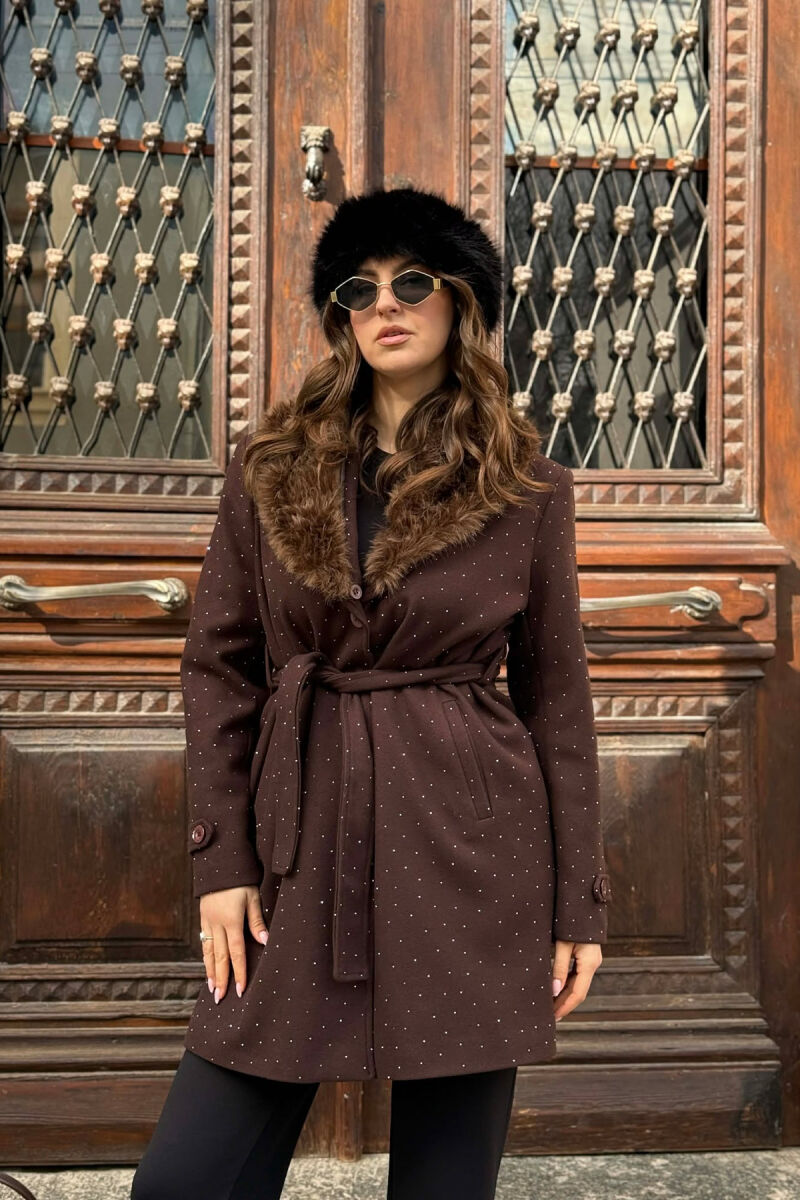 NECK FAUX FUR & STONES DETAILS WOMEN COAT BROWN/KAFE - 1