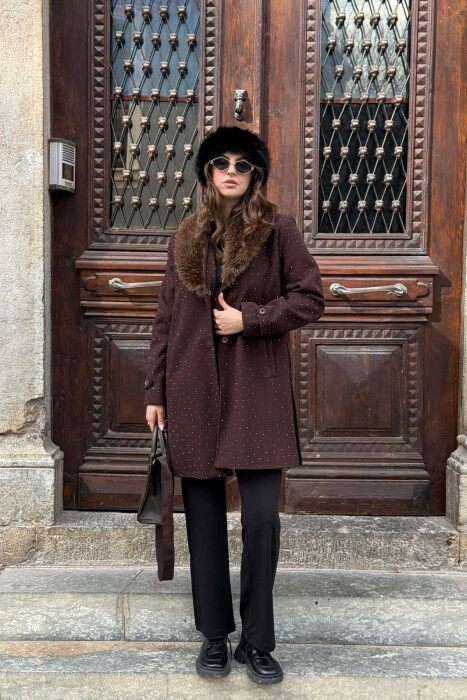 NECK FAUX FUR & STONES DETAILS WOMEN COAT BROWN/KAFE - 2