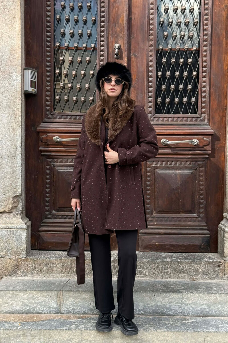 NECK FAUX FUR & STONES DETAILS WOMEN COAT BROWN/KAFE - 2