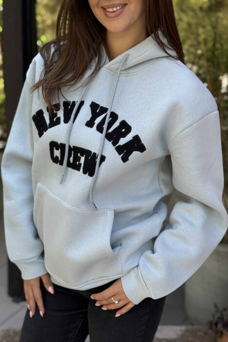 NEW YORK FLUFFY ONE COLOR WOMEN HOODIE LIGHTBLUE/BZ - 4