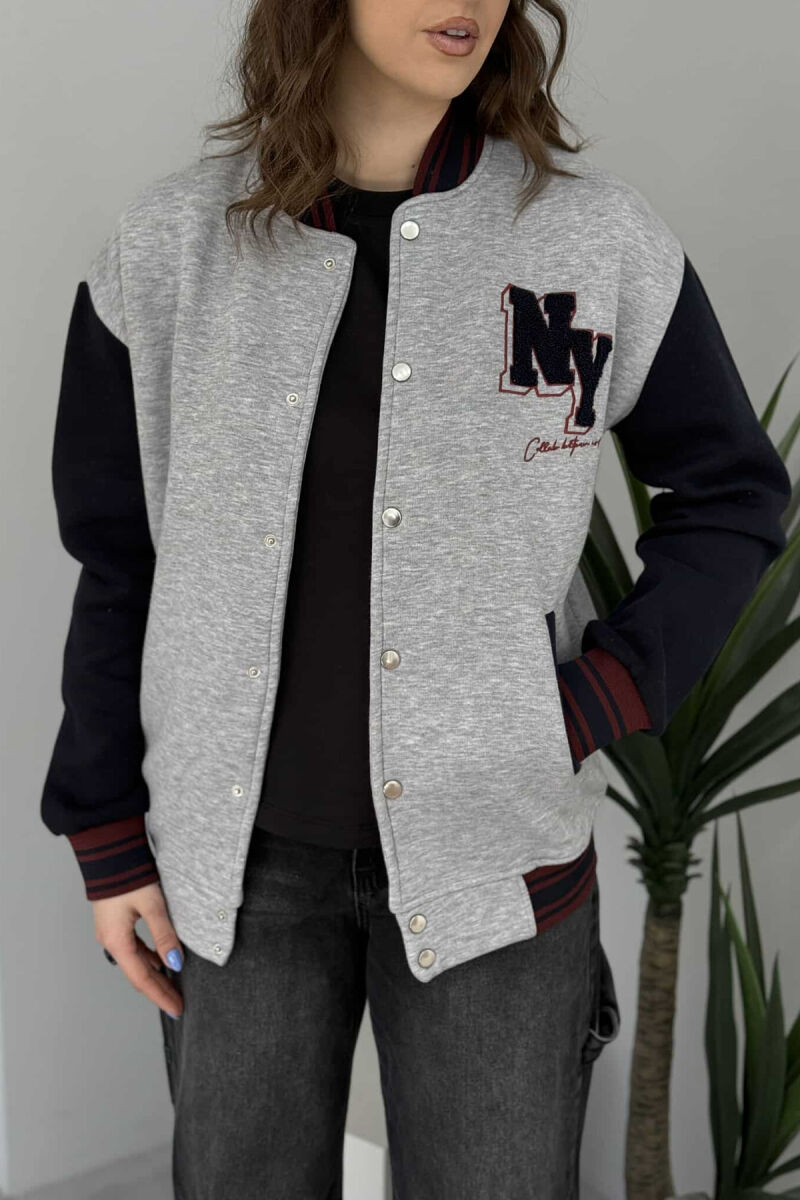 NY LOGO SIMPLE FLUFFY BOMBER WOMEN JACKET BLACK-GREY/ZEGR - 2