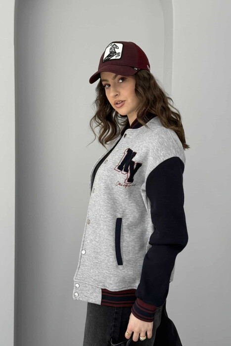 NY LOGO SIMPLE FLUFFY BOMBER WOMEN JACKET BLACK-GREY/ZEGR - 3