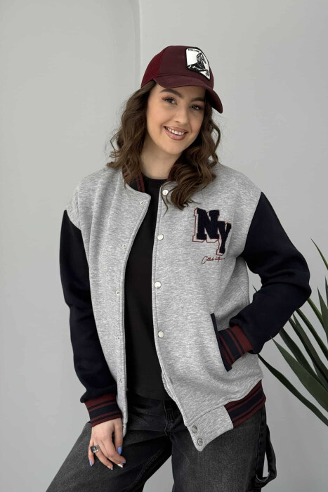 NY LOGO SIMPLE FLUFFY BOMBER WOMEN JACKET BLACK-GREY/ZEGR - 4