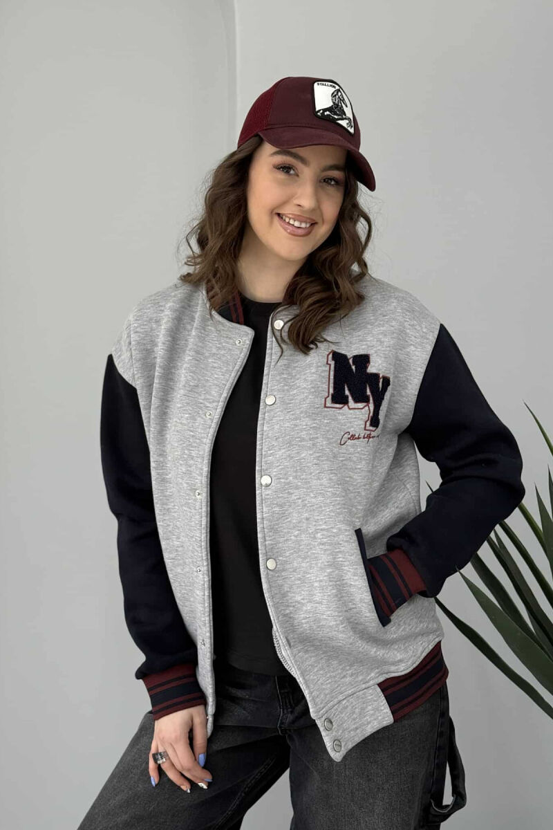 NY LOGO SIMPLE FLUFFY BOMBER WOMEN JACKET BLACK-GREY/ZEGR - 4