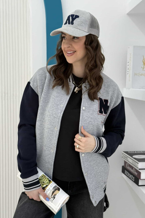 NY LOGO SIMPLE FLUFFY BOMBER WOMEN JACKET GREY-BLUE/ GRBL - 3