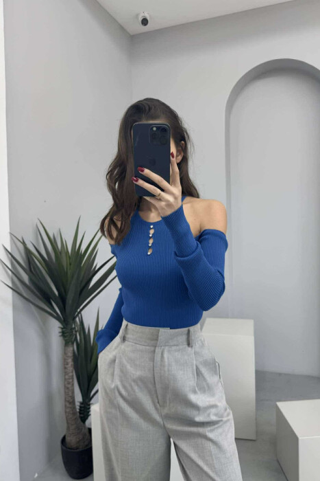 OFF SHOULDER ONE COLOR WOMEN SWEATER BLUE/BLU - 3