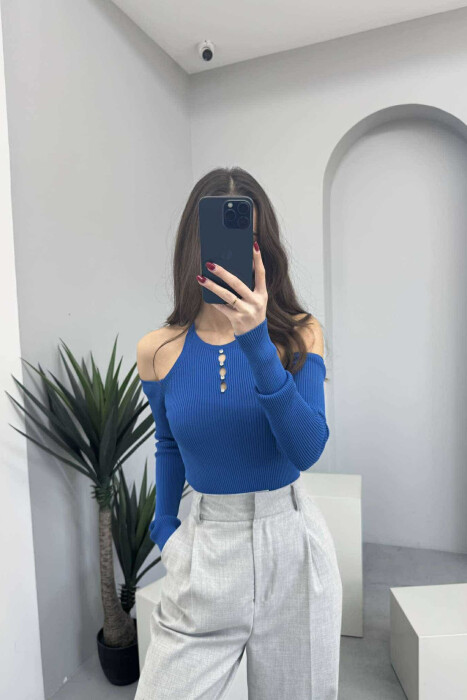 OFF SHOULDER ONE COLOR WOMEN SWEATER BLUE/BLU - 4
