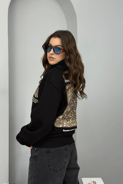 ONE COLOR BACK DESIGN FLUFFY WOMEN HOODIE BLACK/ E ZEZE - 2