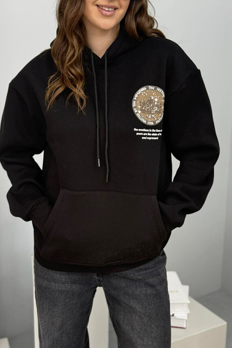 ONE COLOR BACK DESIGN FLUFFY WOMEN HOODIE BLACK/ E ZEZE - 3