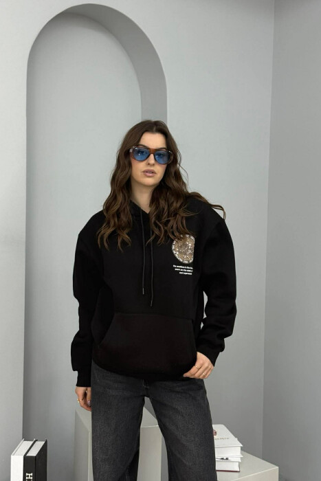 ONE COLOR BACK DESIGN FLUFFY WOMEN HOODIE BLACK/ E ZEZE 