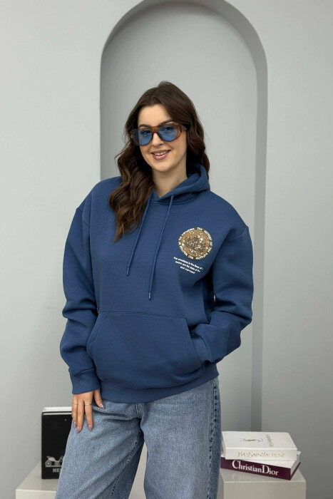 ONE COLOR BACK DESIGN FLUFFY WOMEN HOODIE BLUE/BLU 